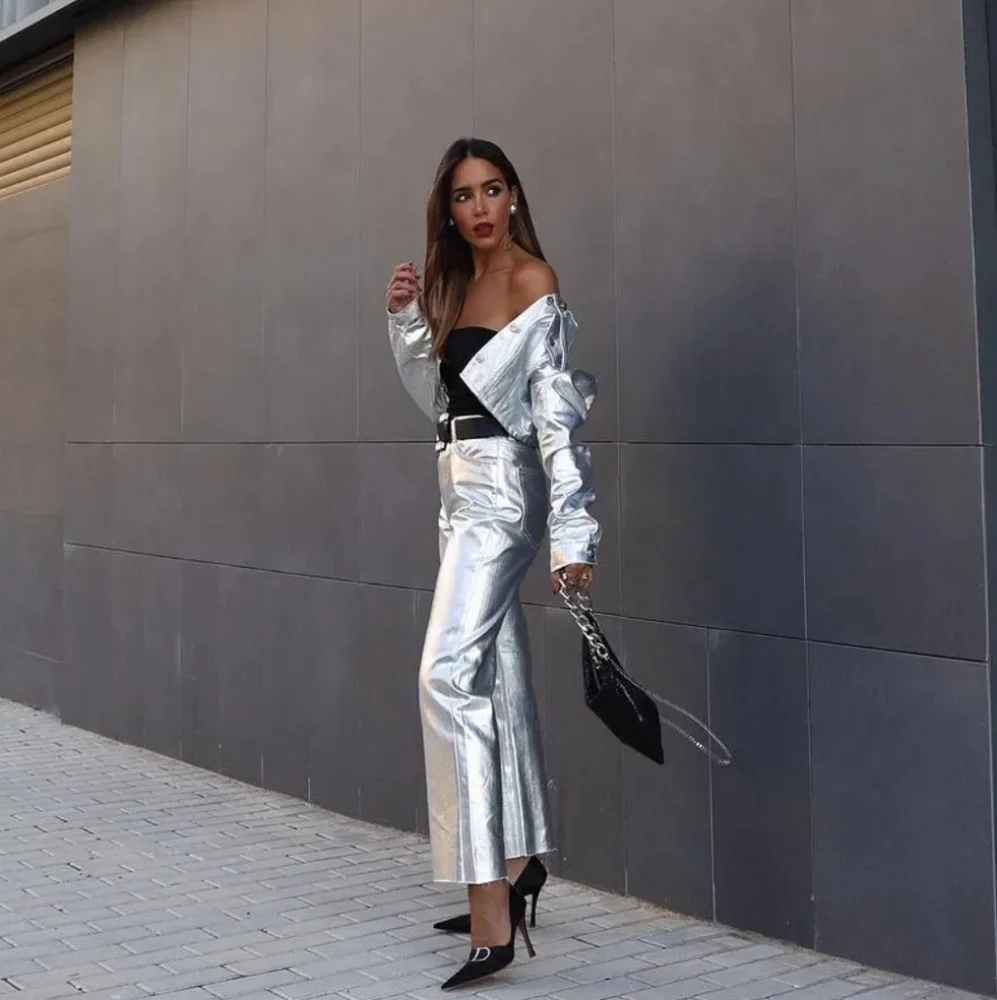 Zara SET  2 pc Metallic Crop Jacket and  Jeans size S and 0 Silver Foil_7